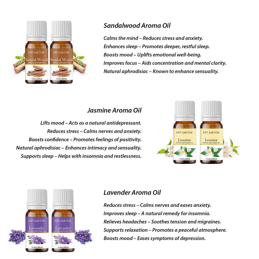 DIVASENSE (Pack of 5, 10ml) Aroma oil diffuser essential oil for air diffuser for home fragrance, 10ml x 5 Lavender, Rose, Jasmine, Sandalwo