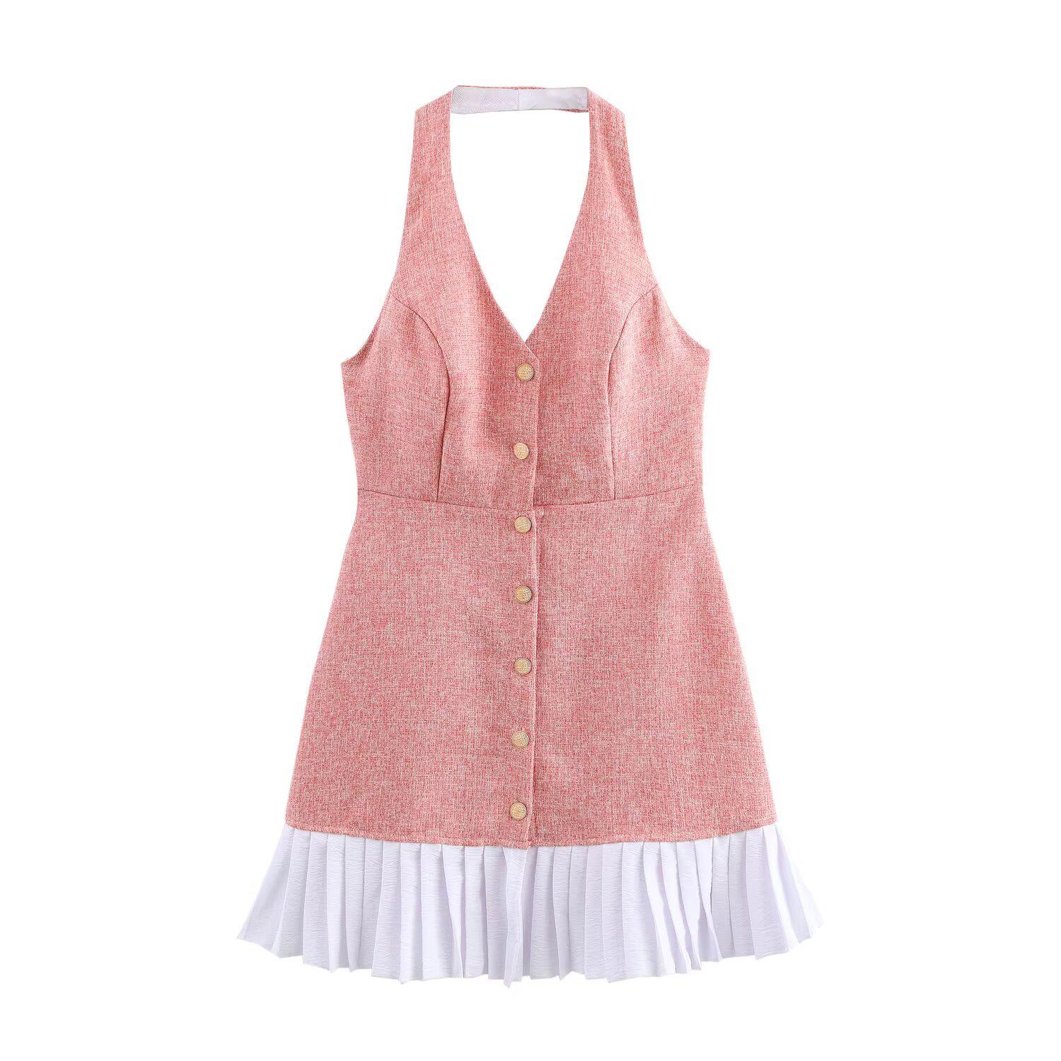 

Весна 2025 Женское европейско-американское твидовое лоскутное платье-халтер с плиссированным подолом L розовый