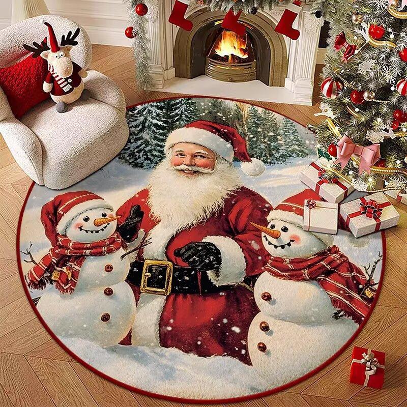 Christmas Joyful Santa Claus Snowman Carpet Mat Round Red Gift Boxes Rug Festive Non-slip Home Decoration for Living Room Carpet
