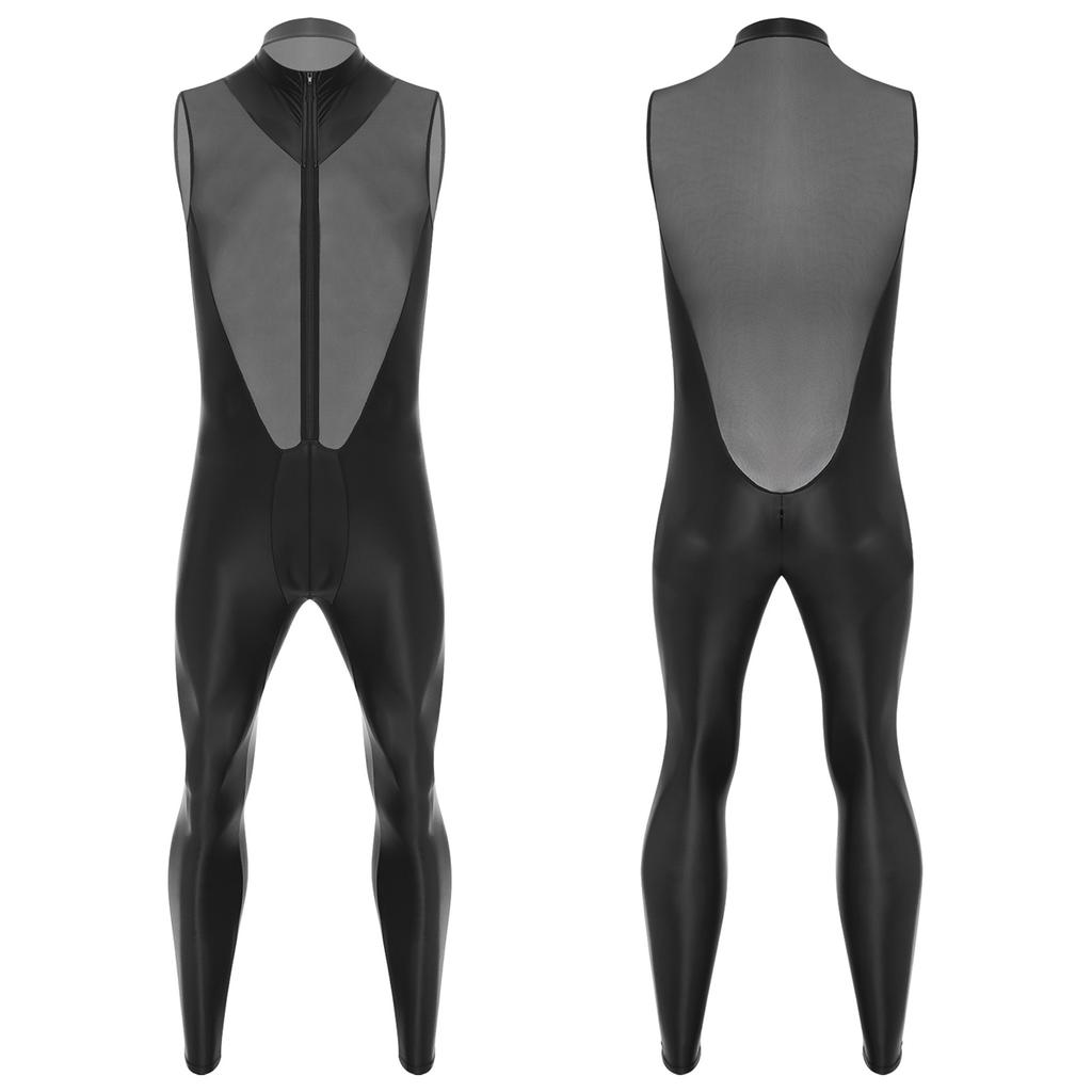 Mens Glossy Sheer Mesh Jumpsuit Front Zipper Sleeveless Design Zipper Crotch Long Leg Catsuit