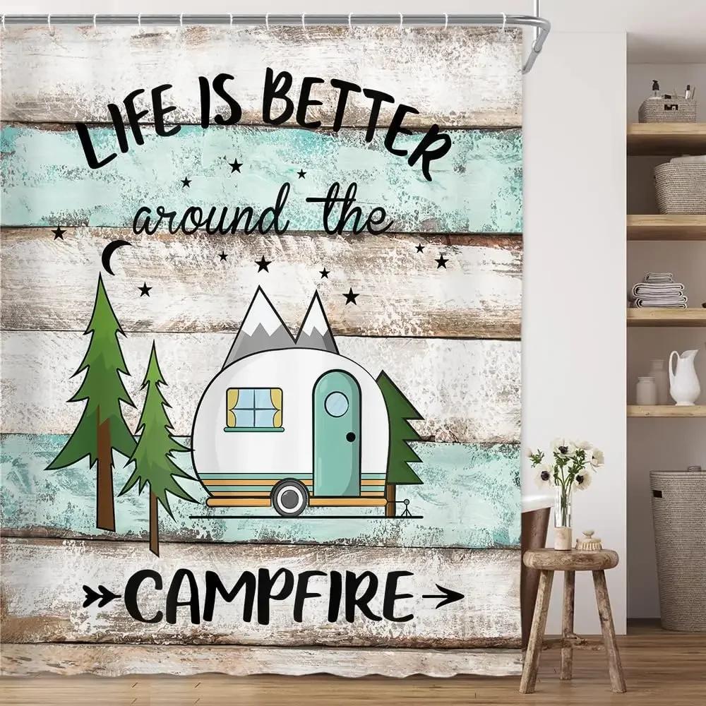 

Travel Camper Shower Curtain Rv Summer Ocean Surfboard Camping Palm Tree Rustic Plank Polyester Fabric Bathroom Decor Curtains W60H190(CM)-1 Pcs