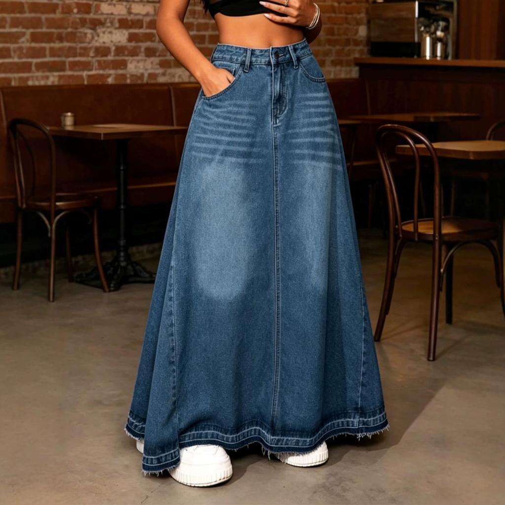 Gonna in Denim da Donna Retro Vita Alta Chiusura a Bottoni Gonne Jeans Svasate Pieghettate Svasate A-line Maxi Gonne in Denim Gonne in Denim Vintage Casual da Donna