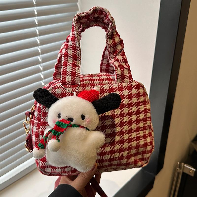 Red Woolen Plaid Bag for Women New Style Popular Bowling Handbag Canvas Crossbody Bag Pillow Bag