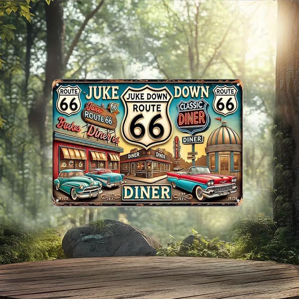 Retro Tin Sign Art,Vintage Route 66 Metal Sign - Classic Diner & Retro Cars Theme Aluminum Wall Decor