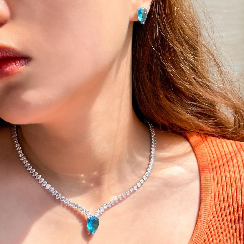 Tide Creative Shiny Zircon Bright Diamond Water Drop Necklace Earrings Two-Piece Set
