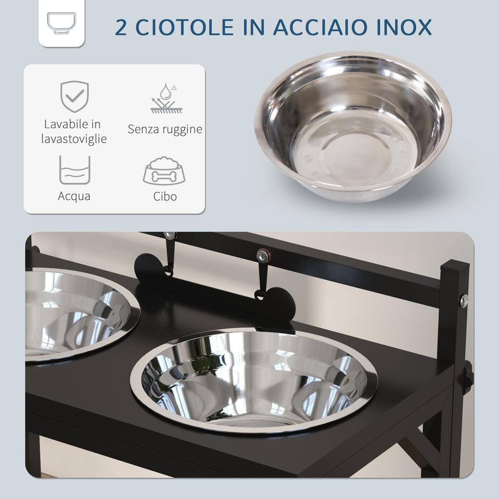 Raised Dog Bowl Stand with Adjustable Height, 2 x 900ml Stainless Steel Bowls, Black