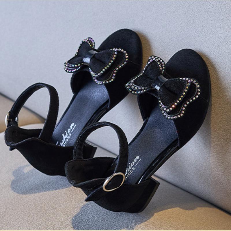 2024 New Children Girls Sandals Solid Color Bow Rhinestones Cute Kids Fashion Princess Elegant Mary Janes for Party Wedding Show