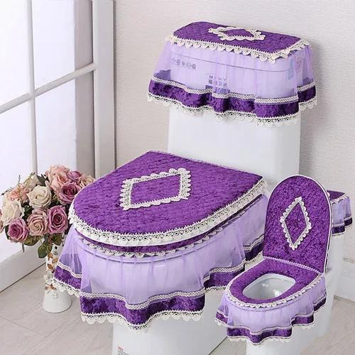 Μαξιλάρι τουαλέτας με δαντέλα Four Seasons Σετ καθίσματος τουαλέτας με εκτύπωση φανέλας τριών τεμαχίων με φερμουάρ σε σχήμα U Beauty κάλυμμα για τη σκόνη τουαλέτας