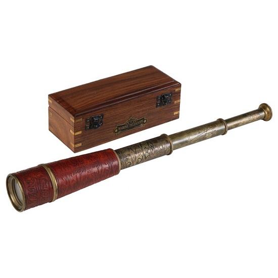 Look Funktionierendes Teleskop Spyglass Replik in Holzbox, mit Glasoptik ausziehbar auf 35,56 cm, aus reinem Messing, Geschenk-Dekor