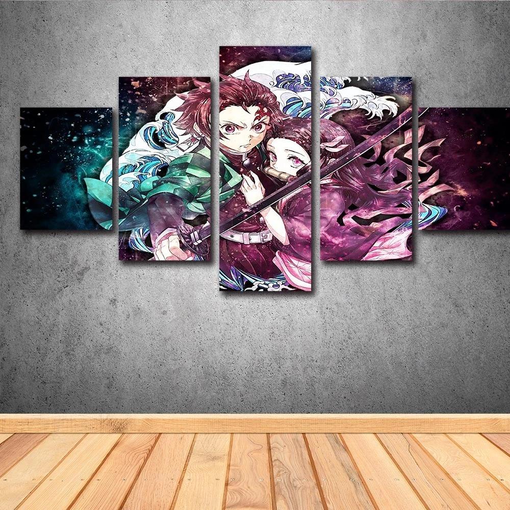 Wall Art Home Decoration Room 5 Pieces Demon Slayer Anime Characters Poster Canvas Painting HD Prints Pictures Framework Modular