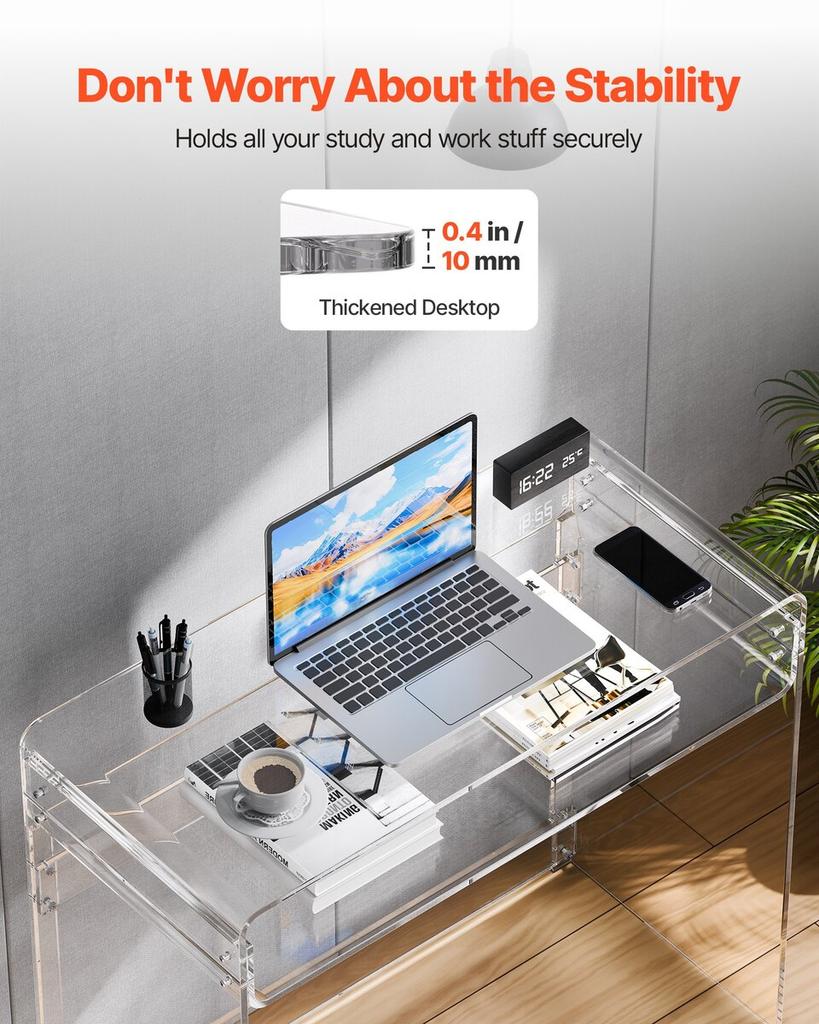 Acrylic Table, 2 Tiers Clear End Table with Storage Shelf, Modern Rectangle Acrylic Side Desk, Transparent Thick Desk Nightstand for Bedroom, Office,