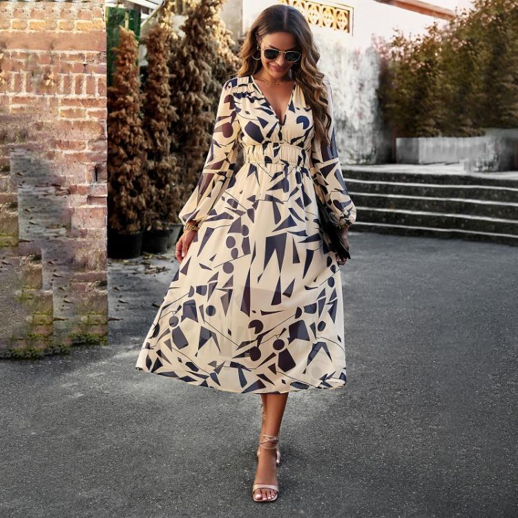 Autumn Winter Women Casual Dress Long Sleeve V Neck Print A Line Knee Length High Waist