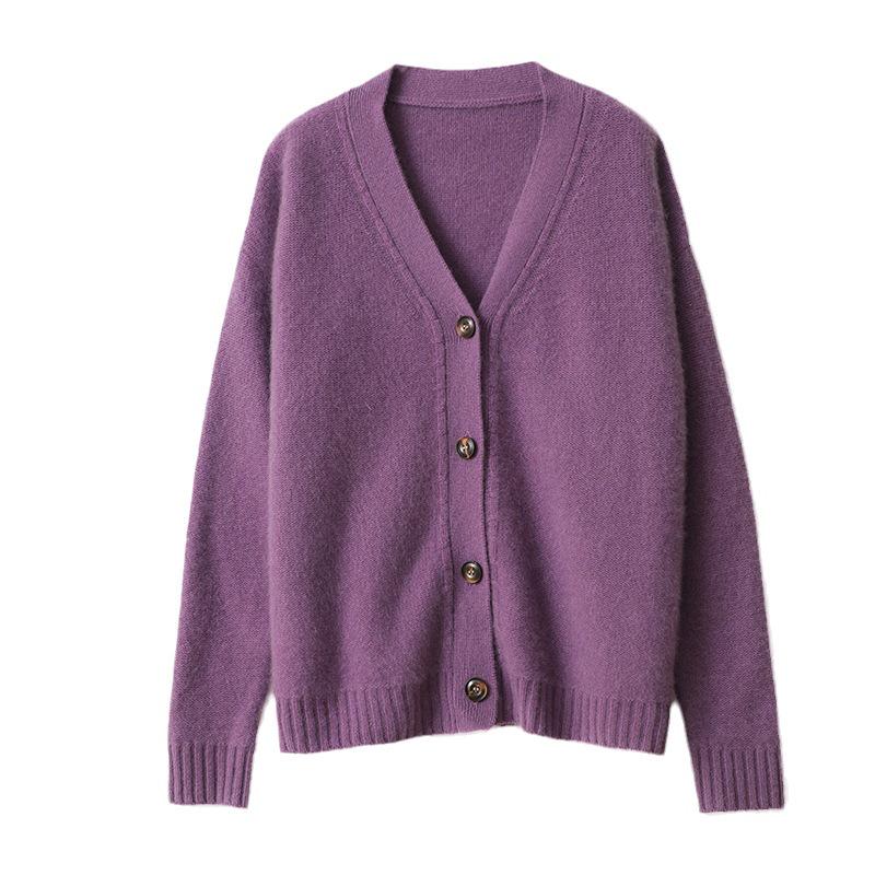 Women's Pure Wool Solid Color Cashmere Cardigan Sweater - V Neck Autumn/Winter Knitwear