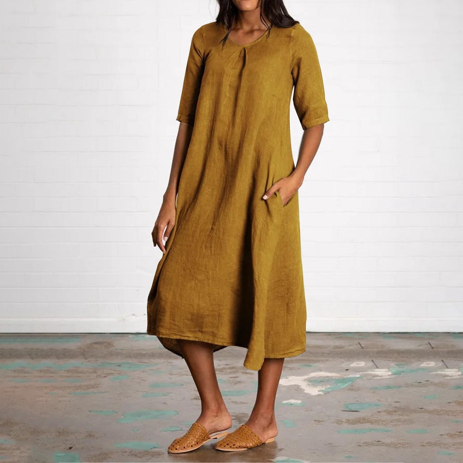 Women s Fashion Round Neck Split Sleeve Long Color Casual Cotton Linen Dresses XXL жёлтый