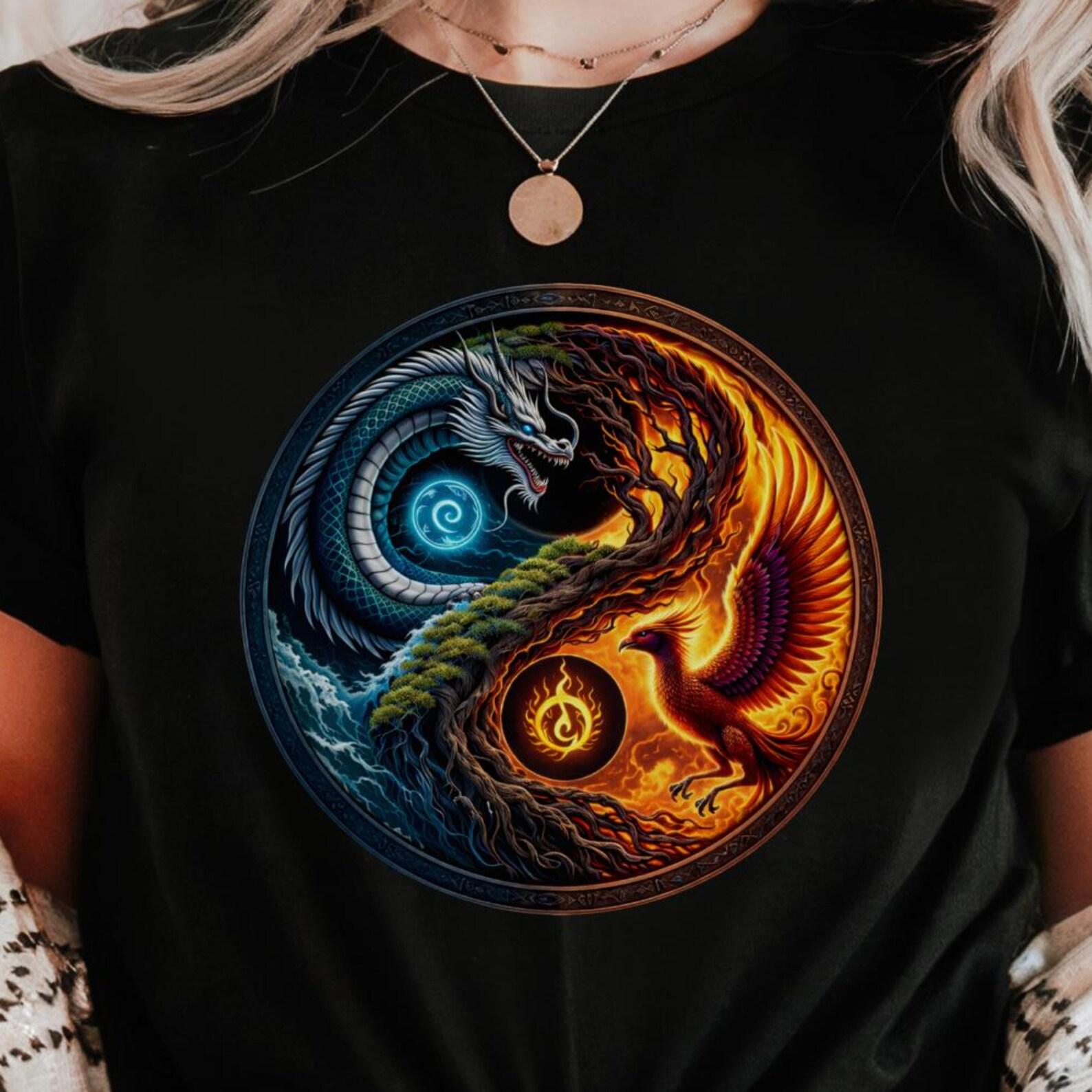 Dragon Phoenix Yin Yang Shirt | Fire Water Elemental Balance Tee M