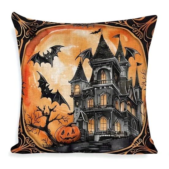 1pc Halloween Cushion Cover Black Cat Pumpkin Witch Castle Print Soft Cozy Pillow Cover Suitable for Halloween Sofa Decoration