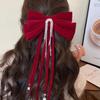 Cloth Bowknot Spring Clip Rhinestone New Year Hairpin Red Velvet Bow Hair Clip Ponytail Holder