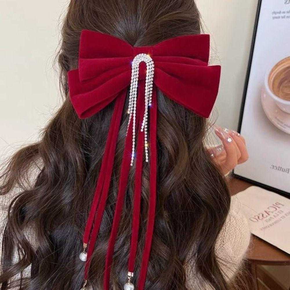 Cloth Bowknot Spring Clip Rhinestone New Year Hairpin Red Velvet Bow Hair Clip Ponytail Holder