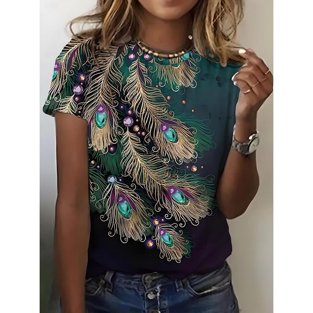 Fashion Summer T-shirt Women Ombre Graphic Feather Trendy Classic Short Sleeve Crew Neck T-shirts Round Neck Regular Tops