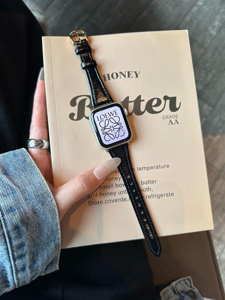 Leather Band for Apple Watch Compatible with iWatch 12/11/10/Ultra/SE, Premium Slim Glossy Genuine Leather Strap, Black