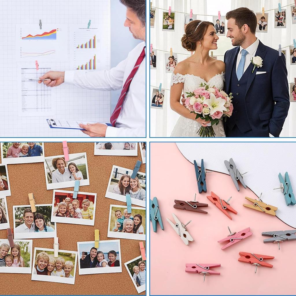 200 Pcs Push Pin Clips Bulk Wooden Clips with Tacks for Cork Board, Bulletin Board, Colorful Wood Clip with Push P for Classroom School Home Office