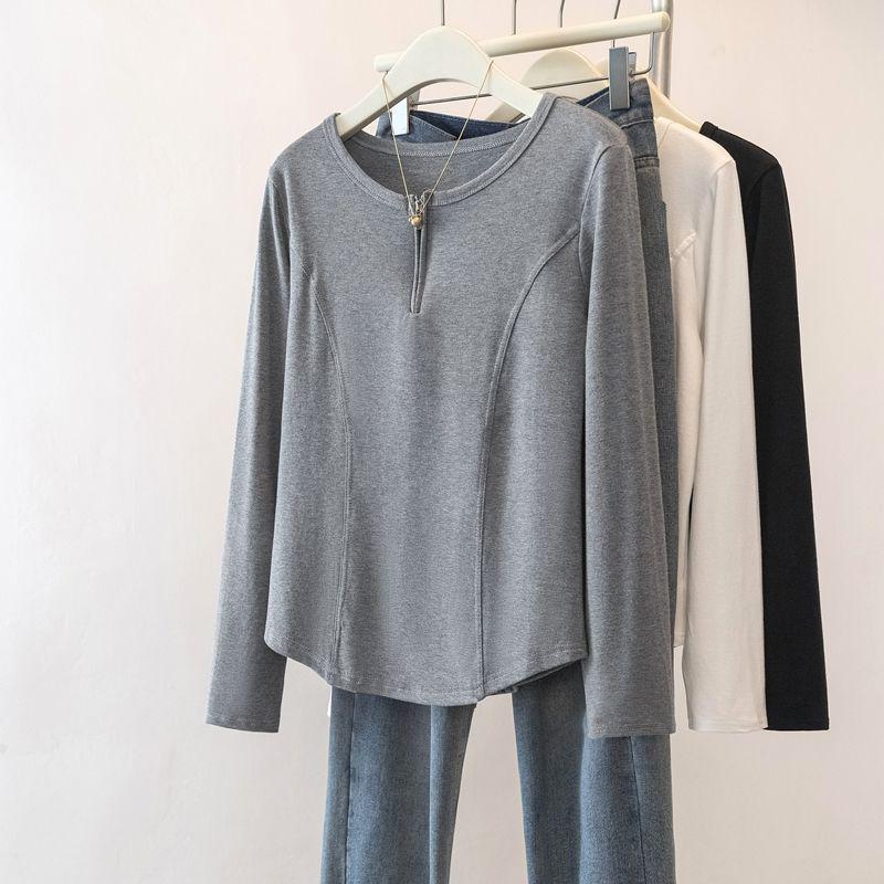 

Plus Size Korean Style Fishbone Half-Zip Long Sleeve T-Shirt - Women s 2025 Spring/Summer Loose Slimming Fashion Top L (suggested 101-120 jin) серый