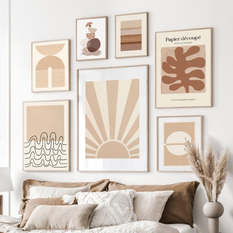 Abstract Matisse Sun Leaf Lines Geometry Wall Art Canvas Painting Boho Beige Posters Prints Pictures Living Room Interior Decor