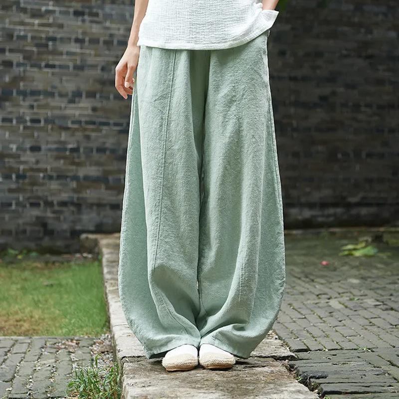 Plus Size Women Summer Cotton Linen Pants Loose Casual Straight-leg Retro Wide-leg Pants