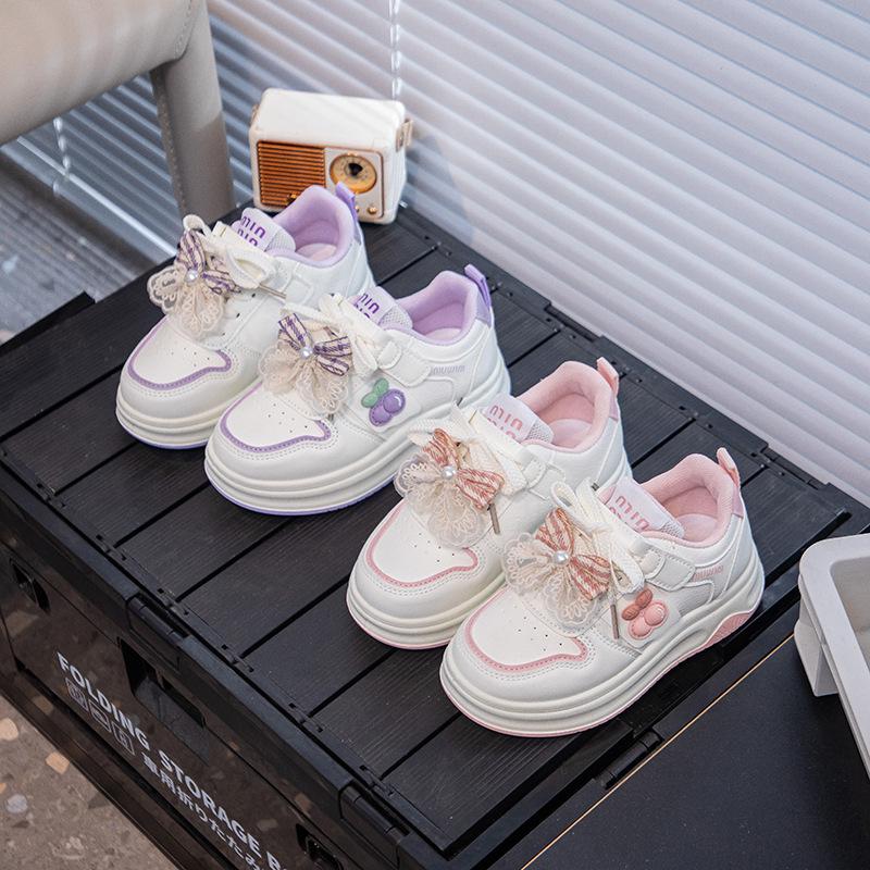2026 Spring Girls' White Sports Shoes with Bow Knot - Trendy Casual Sneakers for Kids and Teens
