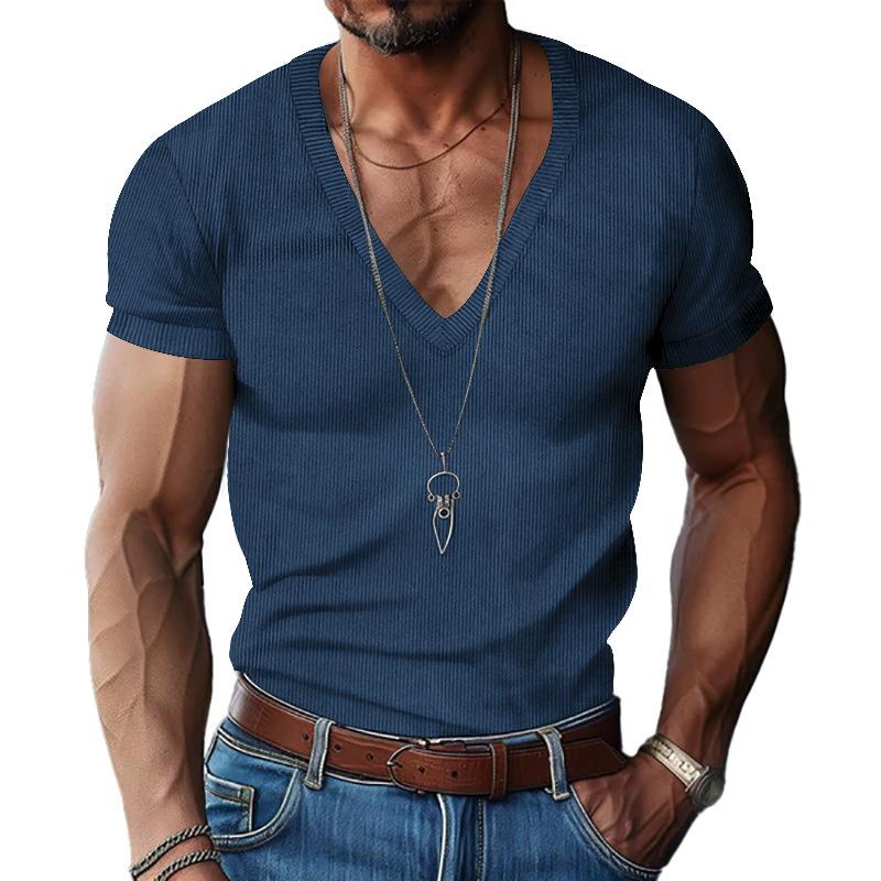 Men's Fashion V-Neck Knitted Shirt Solid Color Short Sleeved Textured T-shirt Pullover
