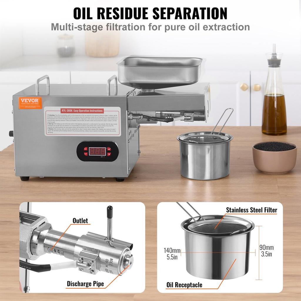 Electric Oil Press Machine, 850W Stainless Steel Oil Extractor Machine, 0-300℃ / 32 - 572 ℉ Adjustable Temperature, Hot Press Oil Expeller for