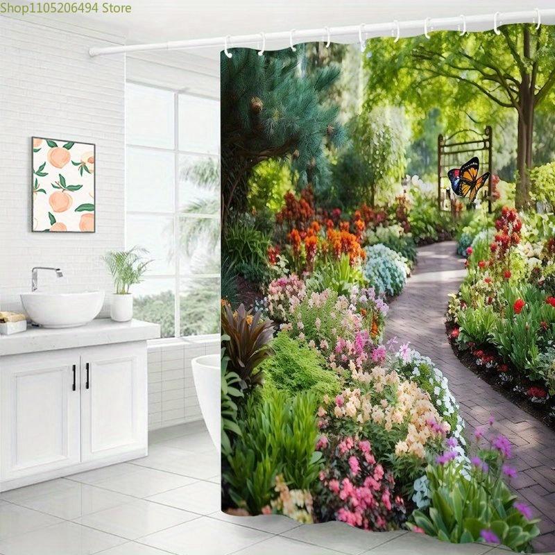 1pc Vibrant Garden Pathway Shower Curtain - Serene Garden Atmosphere with Colorful Flowers, Wooden Gate & Butterfly Sculpture