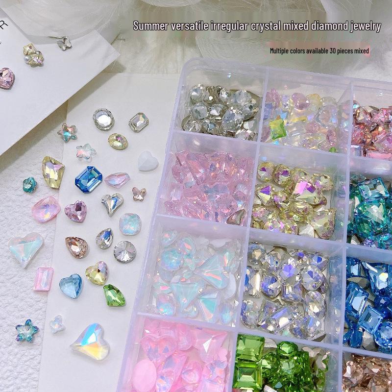 30-Piece Nail Art Crystal Rhinestones Set: Shiny Butterfly, Square, Asymmetrical Peach Heart Shapes
