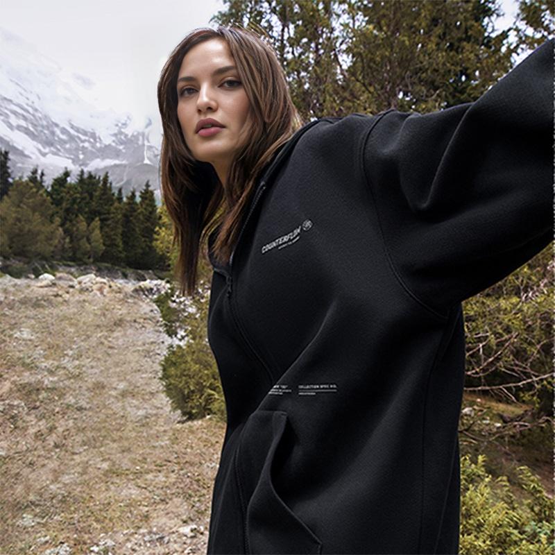 Li Ning CF Outdoor Series Letter Hooded Comfortable Breathable Fleece Warm Loose Sweatshirt Unisex Sweatshirt Black AWDUG19-1
