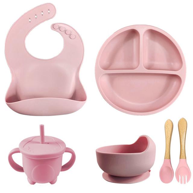 6PCS Baby Plates Children's Feeding Soft Silicone Bowl Plate Cup Bibs Spoon Fork Set Non-Slip Cartoon Dishes For Kids BPA Free