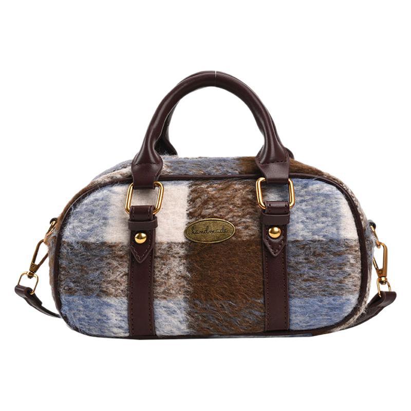 Woolen portable bowling bag women's 2025 new trendy retro college style plaid pattern versatile shoulder messenger bag