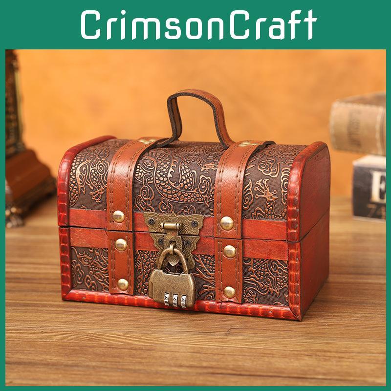 Dragon Pattern Retro Wooden Storage Box With Metal Lock For Storage Desktop