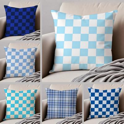 Klassische blaue Tartan-Karomuster Kissenbezug Überwurf-Kissenbezug Verdeckter Knopf Strapazierfähiges Polyester Stuhlkissen