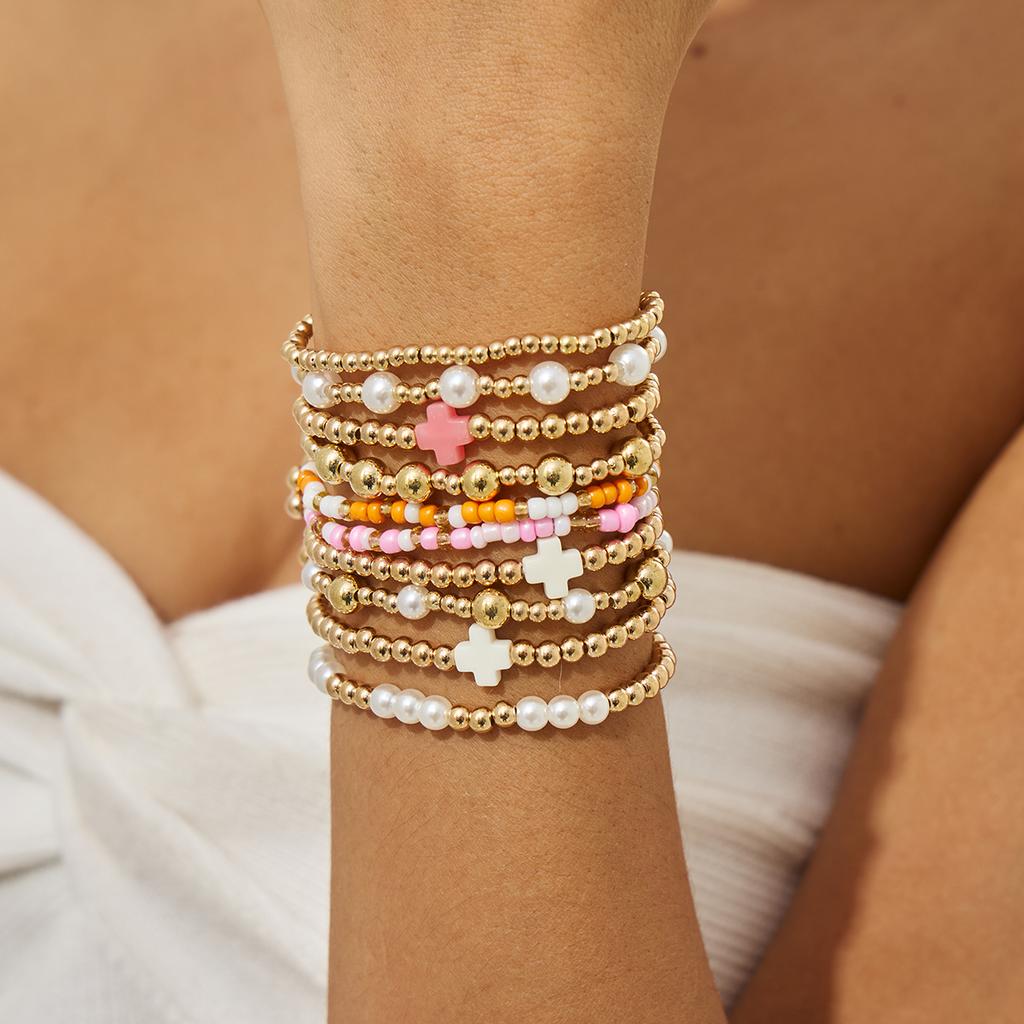 Ingemark 7 Styles Goth Acrylic Imitation Pearl Elastic Chain Bracelets for Women Boho Stacked Strand Beads Bangle Couple Jewelry