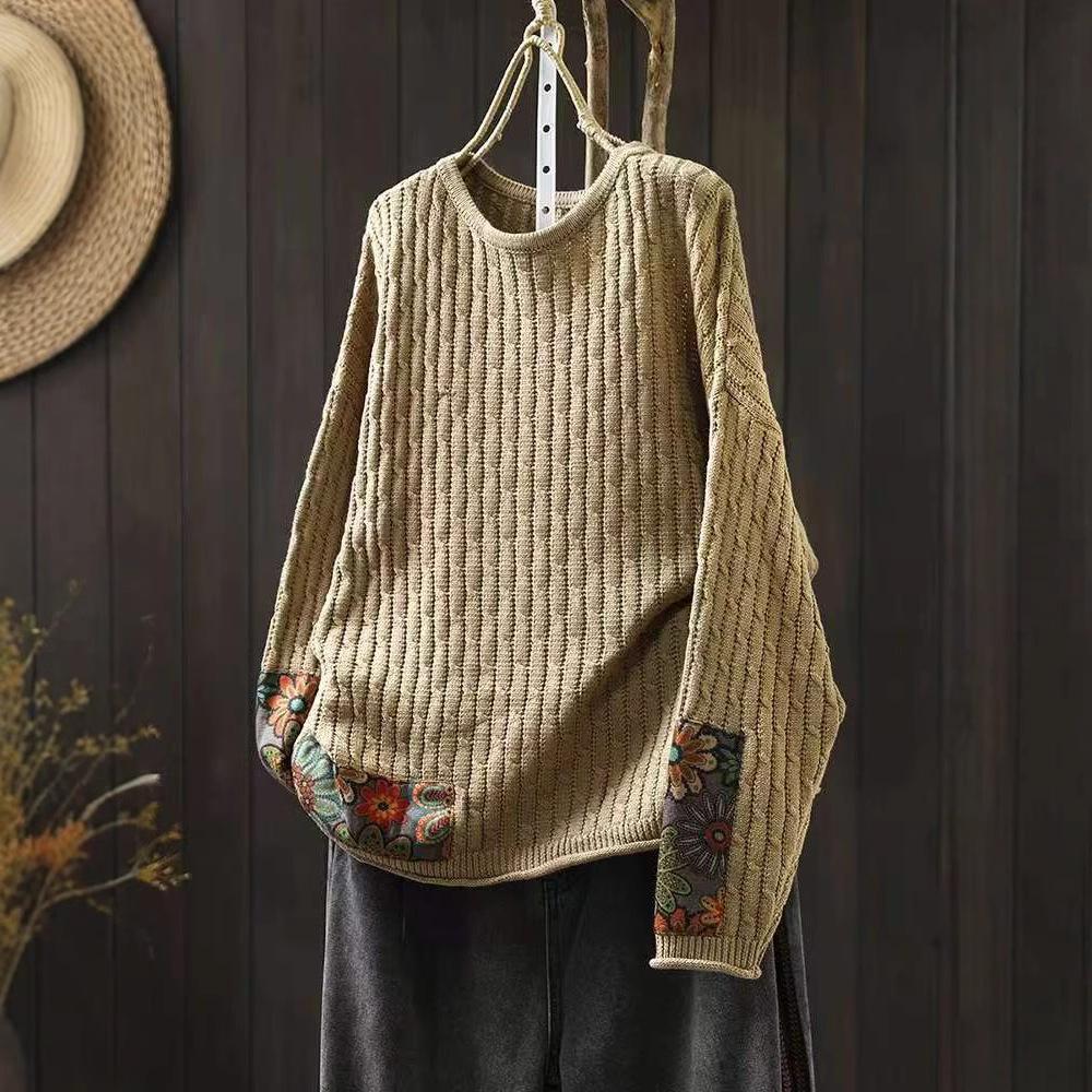 Winter Fall Fashion Vintage Sweater Women's O-neck Loose Casual Lazy-style Casual Pullover Flower Print Patchwork Knitwear