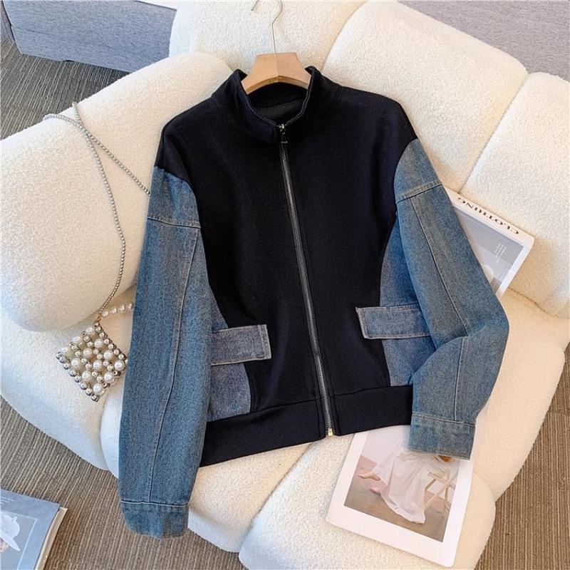 Y2k Vintage Denim Patchwork Long Sleeve Coat Women+ High Waist Loose Straight Wide Leg Pants Two Piece Sets