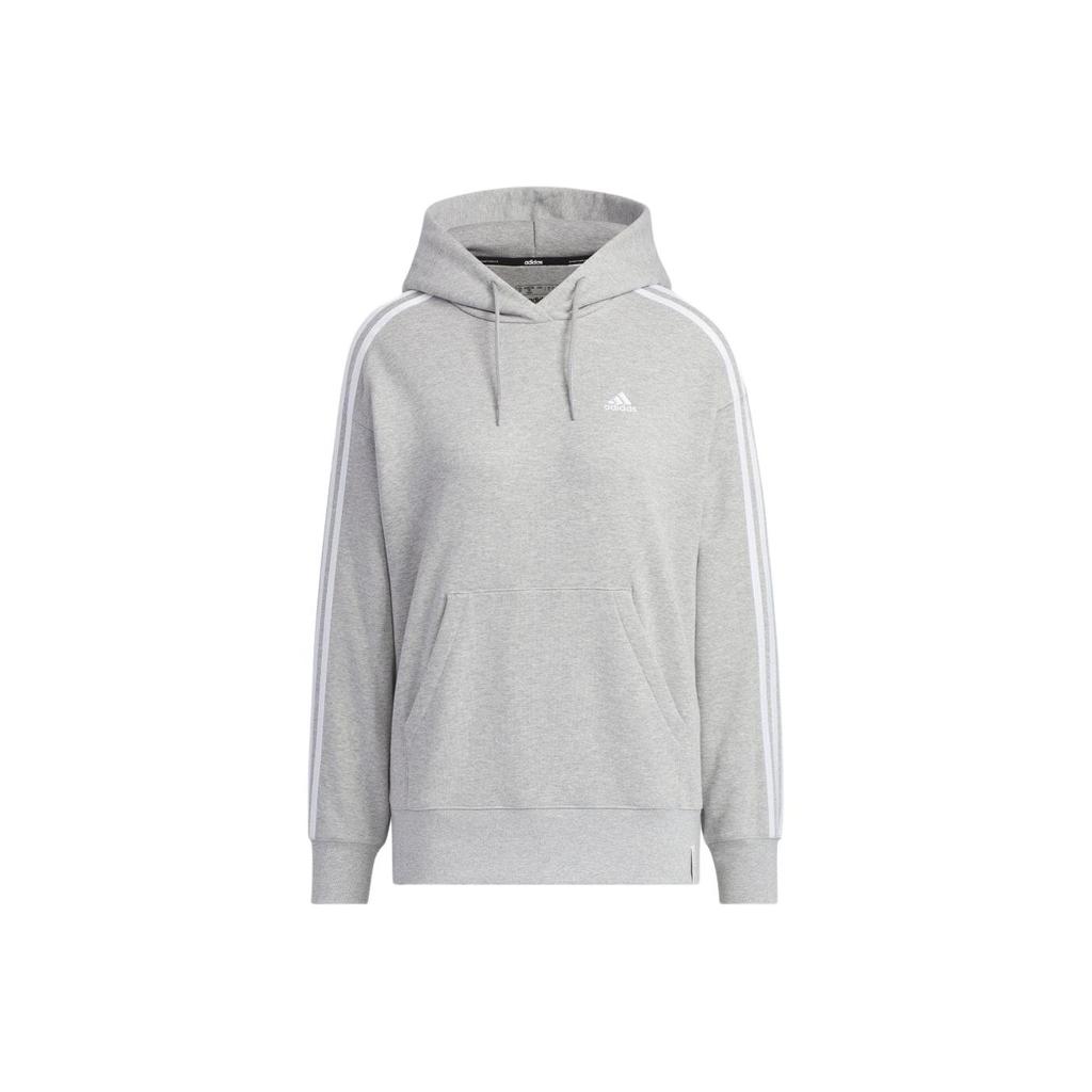 adidas College Style Striped Logo Embroidered Loose Fit Drop Shoulder Long Sleeve Drawstring Hoodie Women Hoodies Gray JF1407