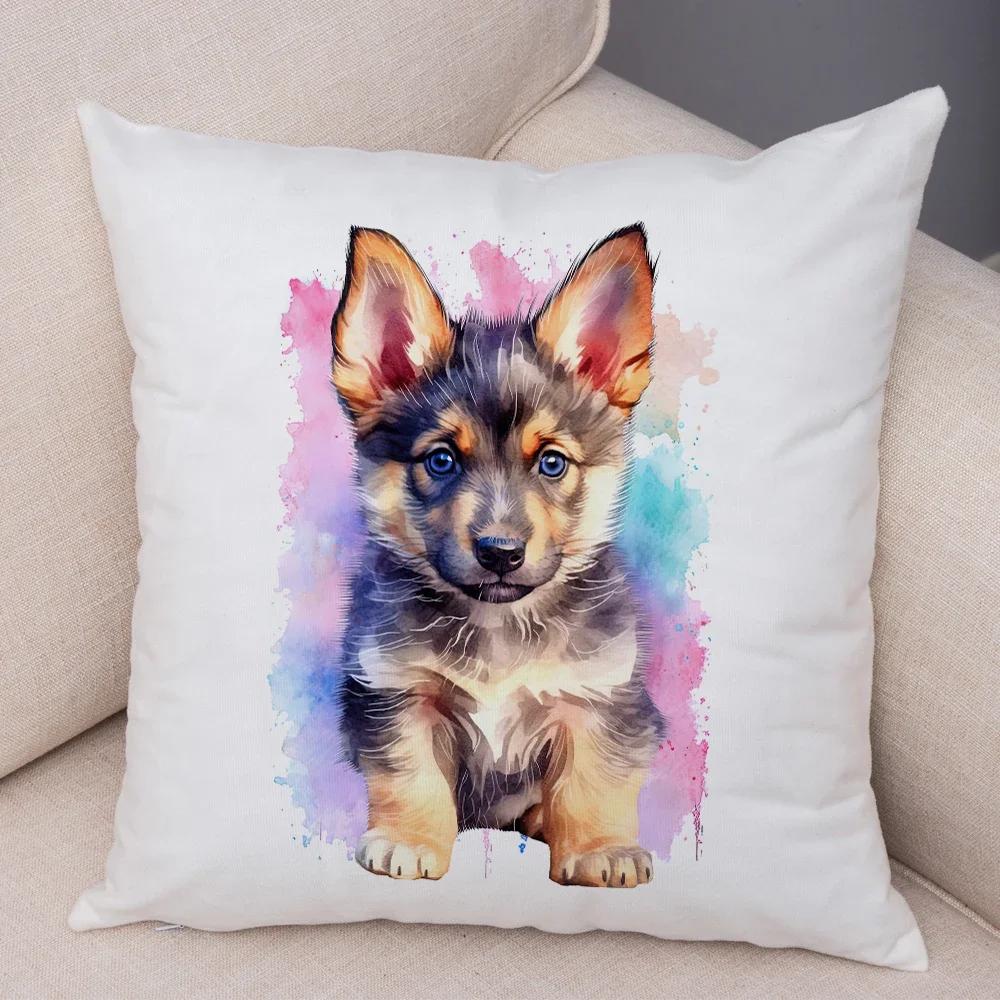 Super Cute Watercolor Dog Throw Pillow Cover With Short Plush Print For Living Room Sofa Decoration Cushion Cover Pillow Covers