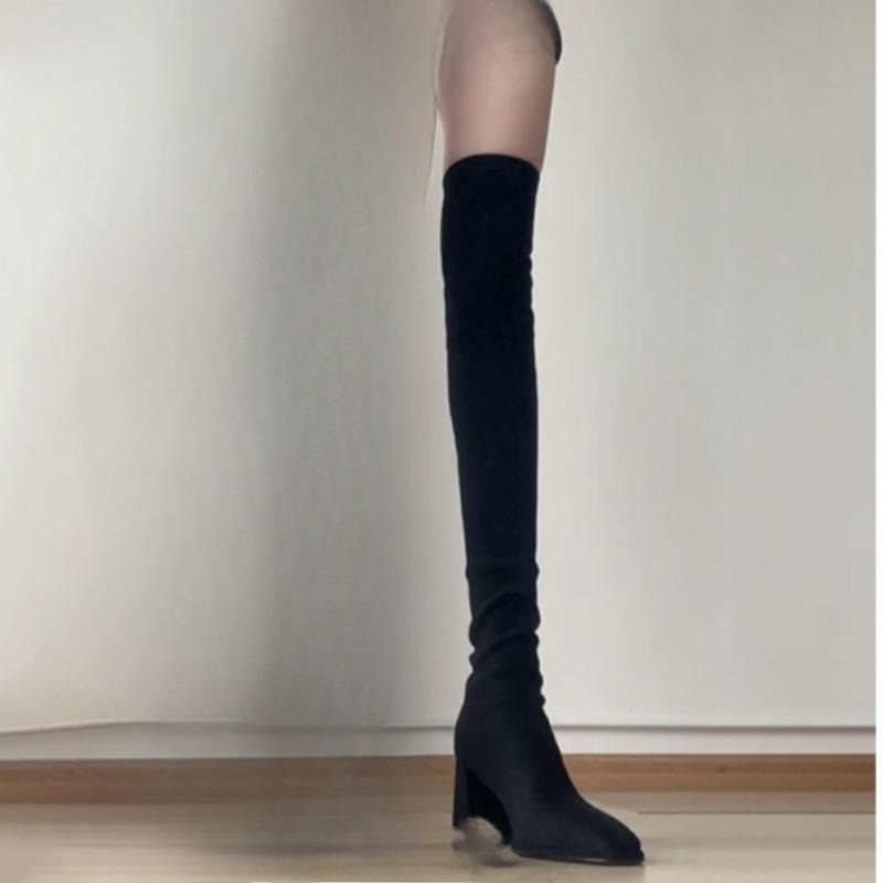 Suede Over-the-Knee Skinny Boots Fashion Round Toe Spliced Square Toe Sleeve Soft Sole Non-Slip Block Heel Shoes 35 чёрный 3660₽