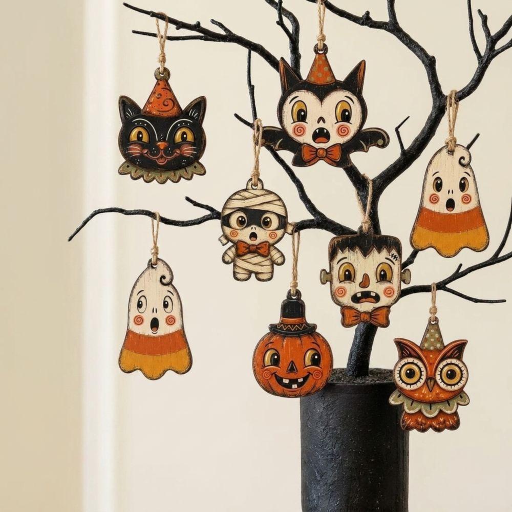 Vintage Style Wooden Black Cat Ornament Trick or Treat Halloween Tree Hanging Indoor Use
