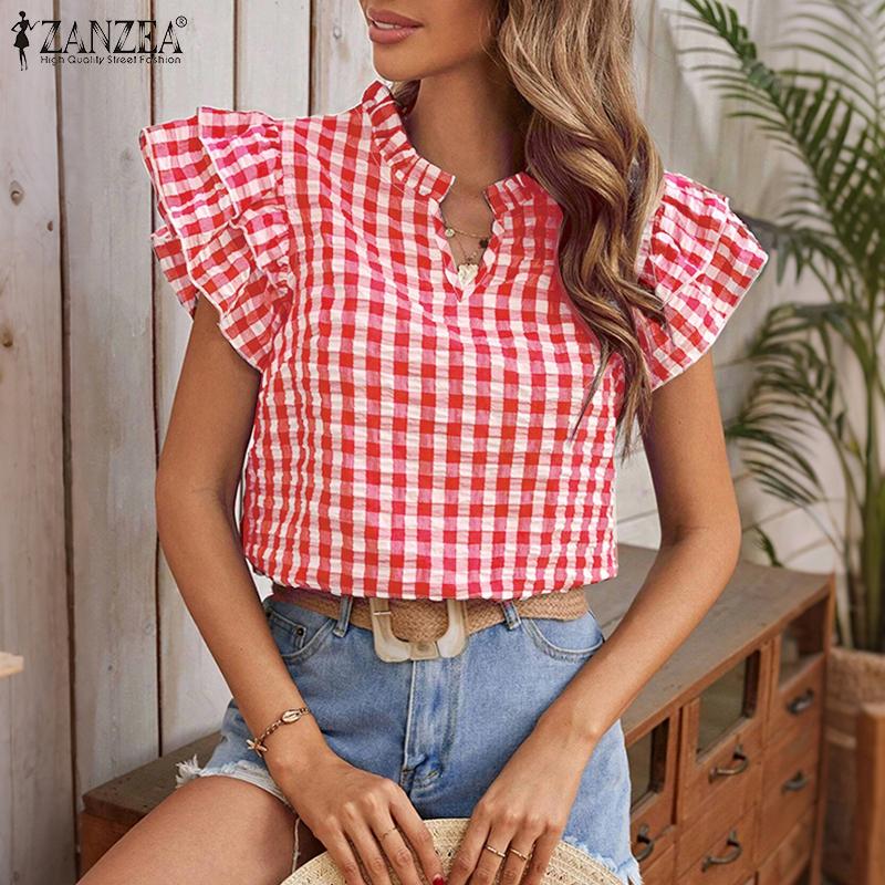 

ZANZEA Women Casual V-Neck Plaid Print Cap Sleeve Blouse 5XL зелений