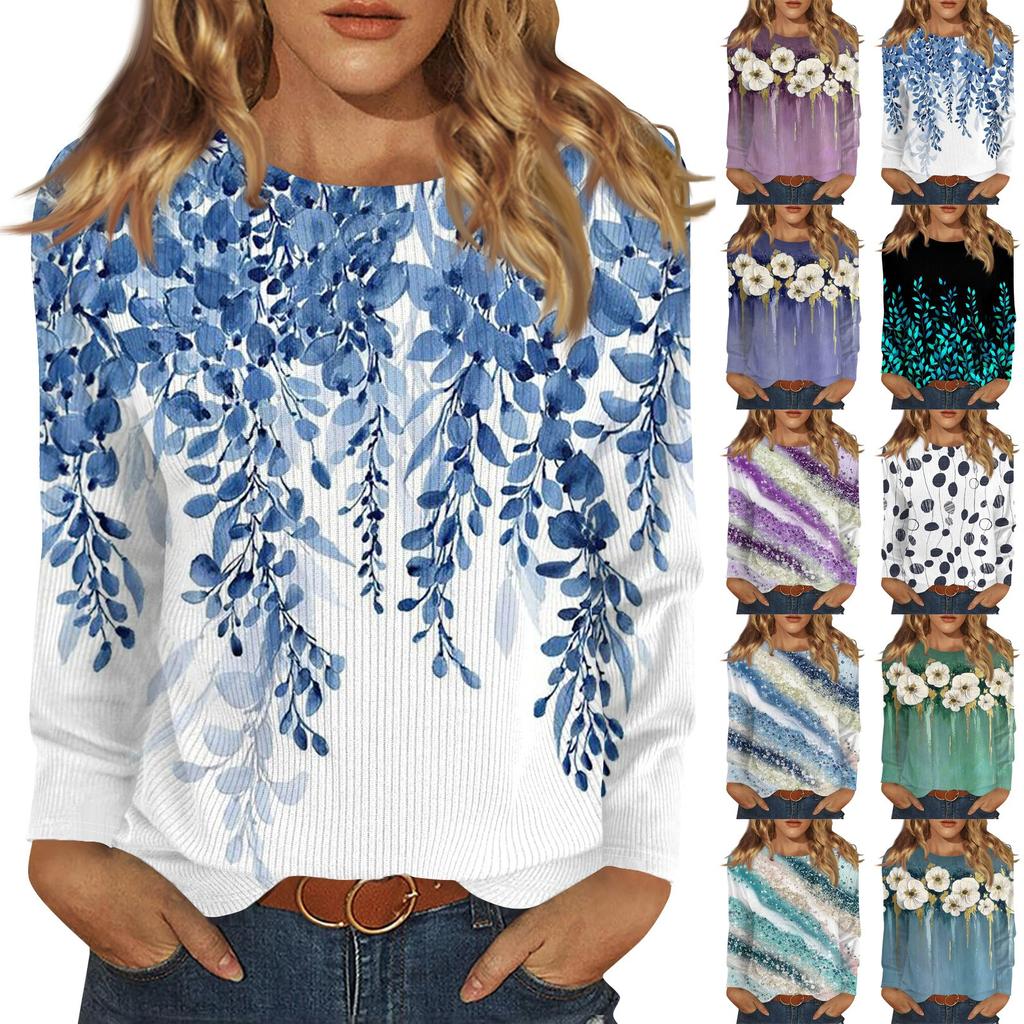 Bluzki z długim rękawem dla kobiet T-shirt Casual Print Tops T-shirt Okrągły dekolt Bluzka typu pullover