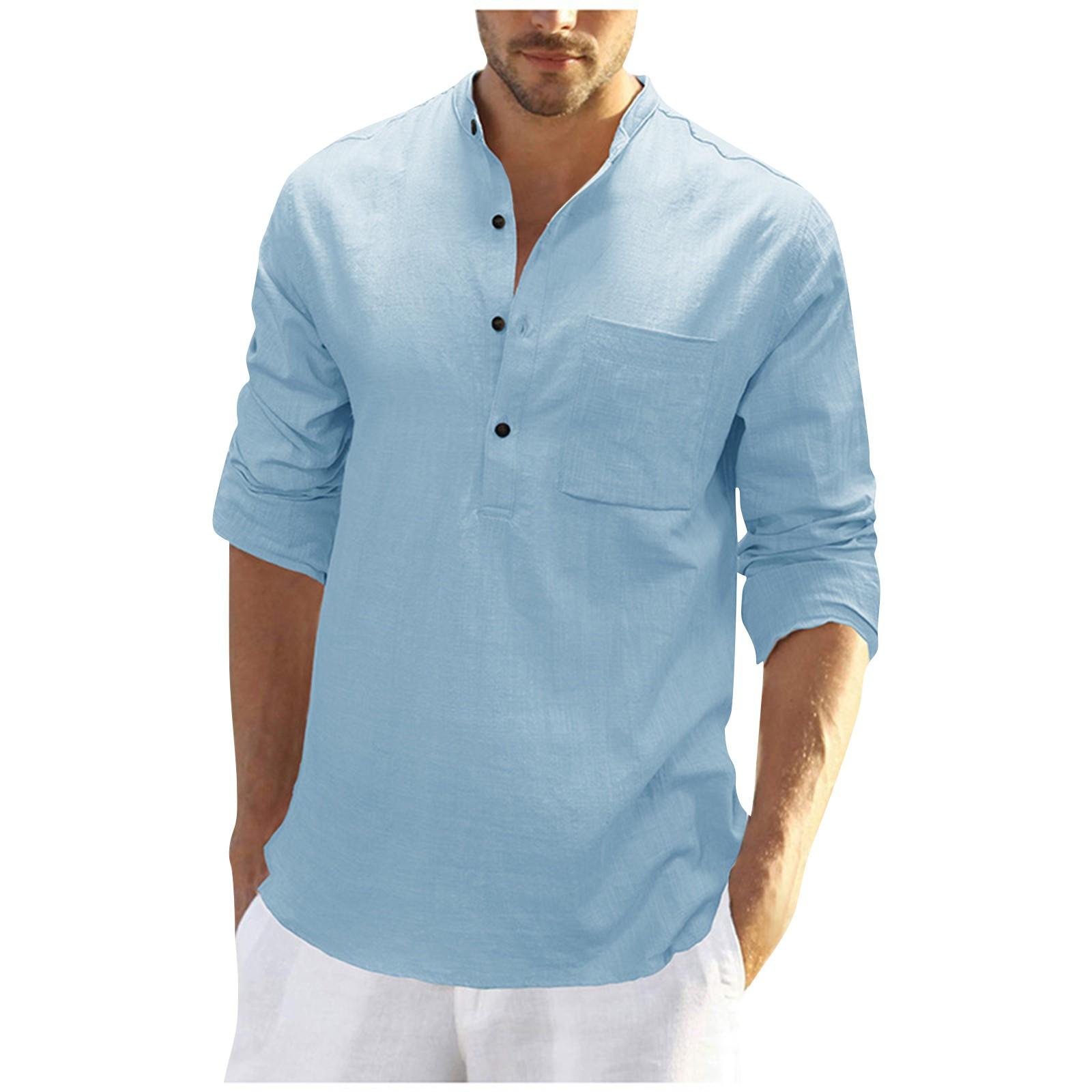 

Европейская и американская мужская льняная рубашка с длинным рукавом и воротником-стойкой M