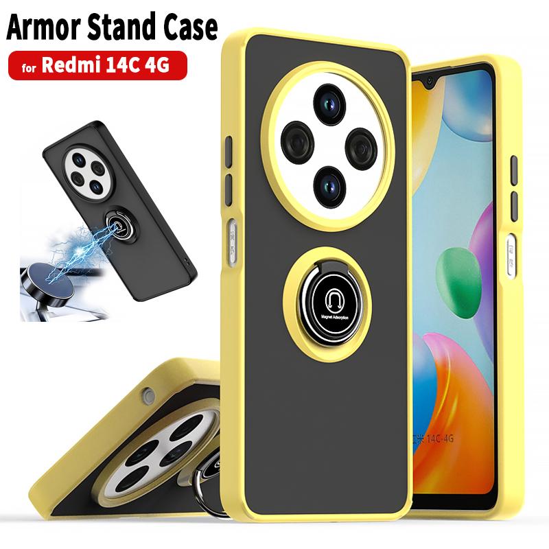 For Xiaomi Redmi 14C 4G Case Matte Translucent Armor Kickstand Phone Cover for Redmi14C 14 C Car Magnetic Ring Shockproof Funda