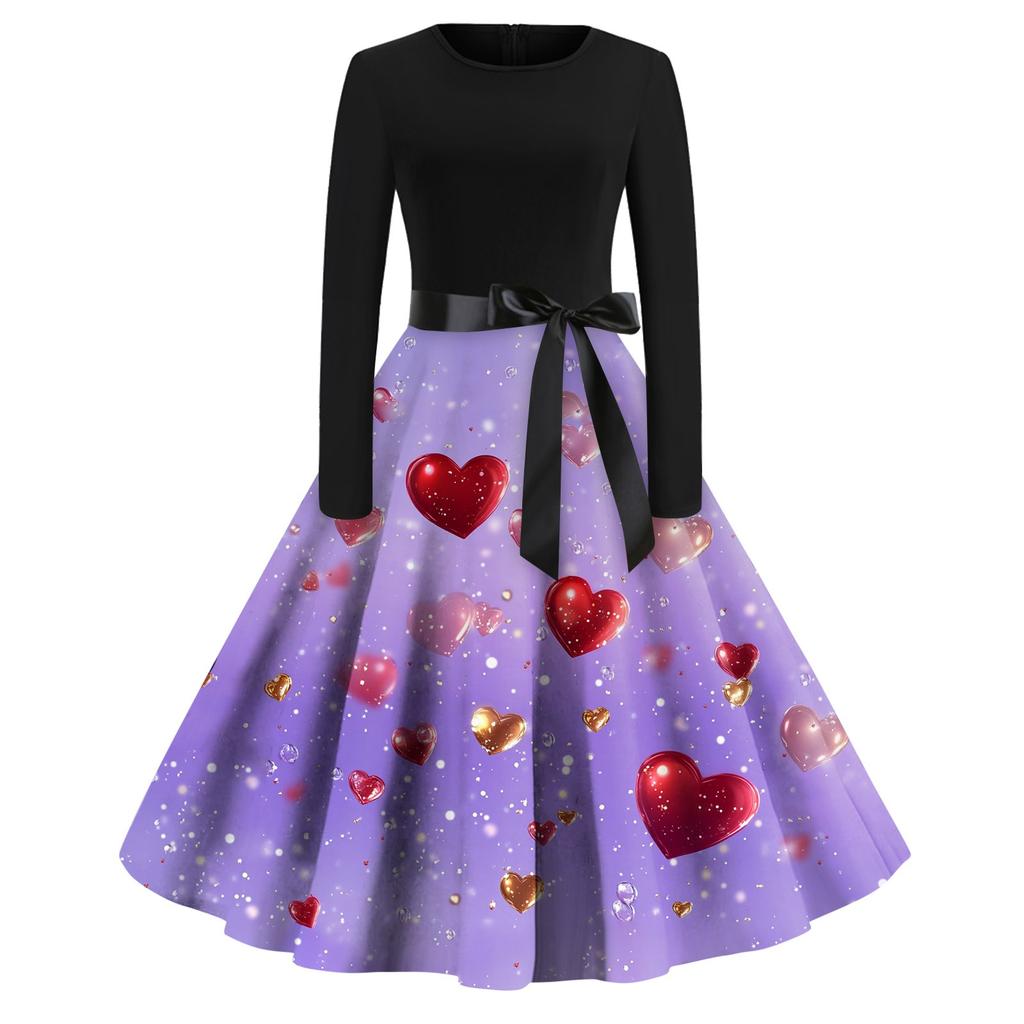 Women's Printed Round Neck Big Hem  Skirt Pleated Skirt Long Sleeved Dress Dress